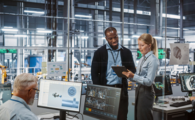 Female safety professional talking with manufacturing engineer
