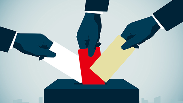 illustration of hands placing ballots in a box