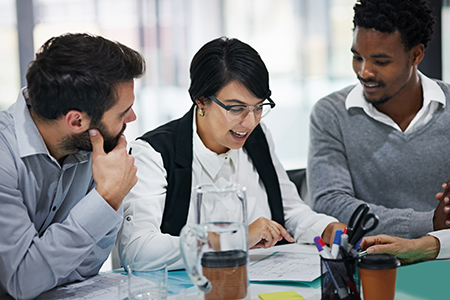 three people talking